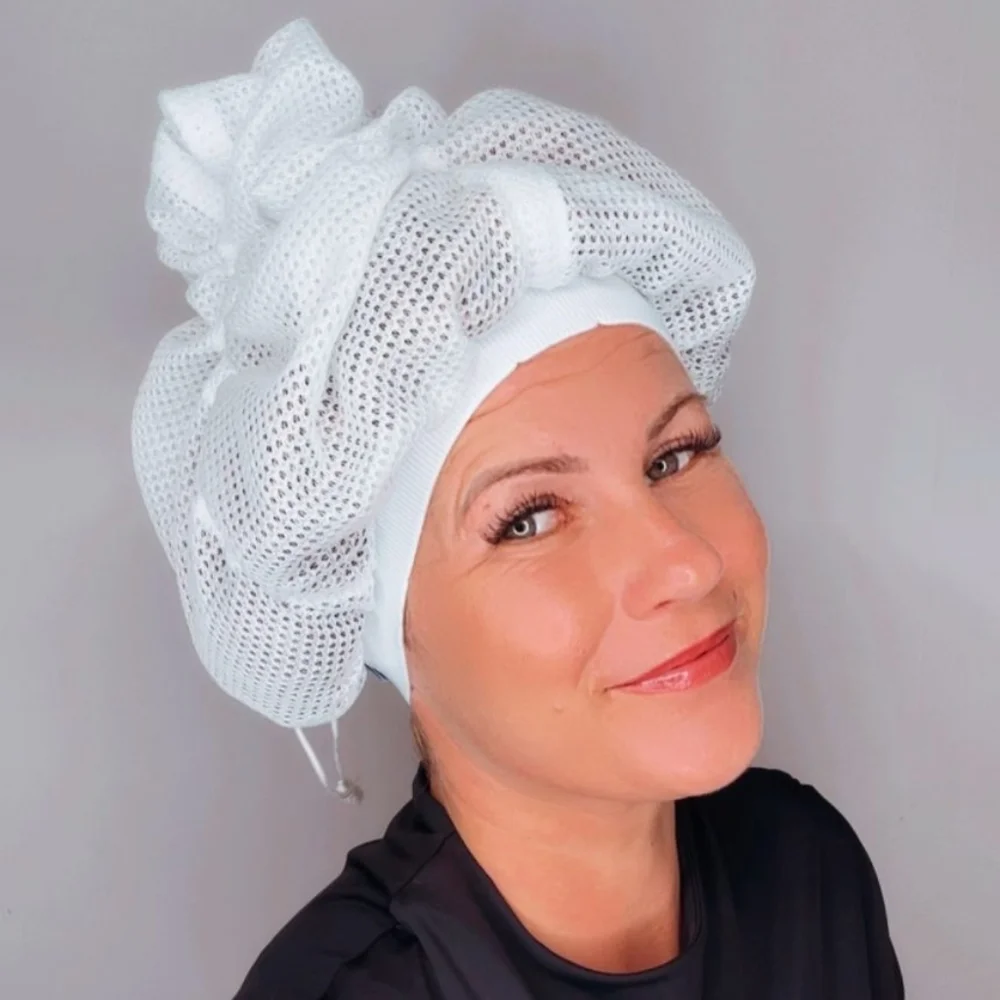 CURLY GIRL Mesh Hair Bonnet Cap Drying Nylon Plopping White